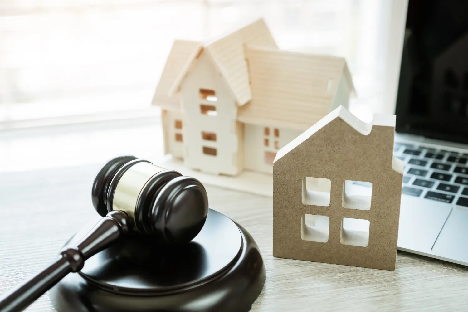 Richterhammer/Hausmodell, Ideen für die Zwangsvollstreckung bei der Immobilienauktion und beim Bieten eines Hauses.