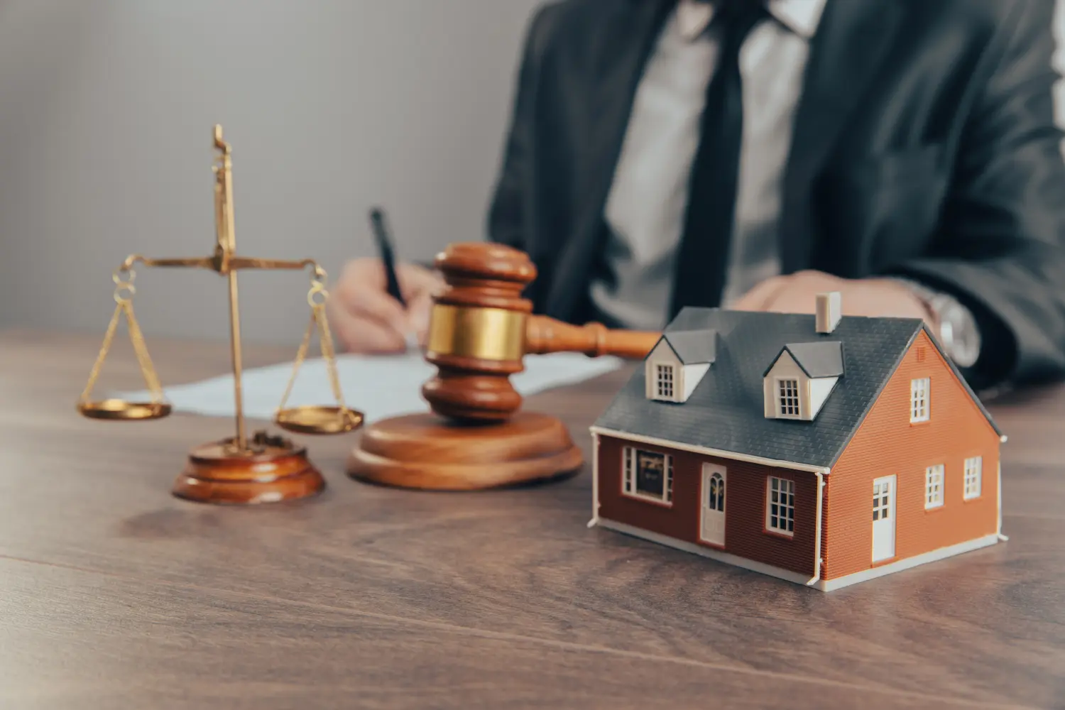 Die Hand eines Richters mit einem Hammer und einem Modell eines Hauses, der Eigentumsstreitigkeiten vor Gericht schlichtet