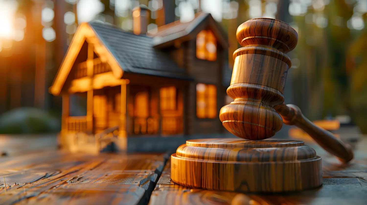 Richterauktion und Immobilienkonzept. Gesetzeshammer und Hausmodell. Immobilienrecht.