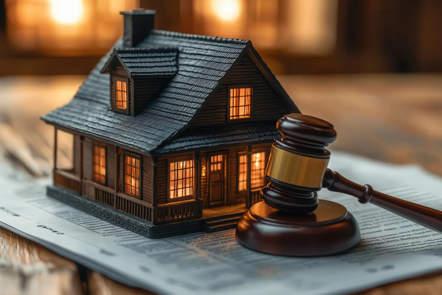 Hammer und Miniaturhaus auf juristischen Dokumenten, warme Beleuchtung, symbolisch für Immobilienrecht und Auktionen