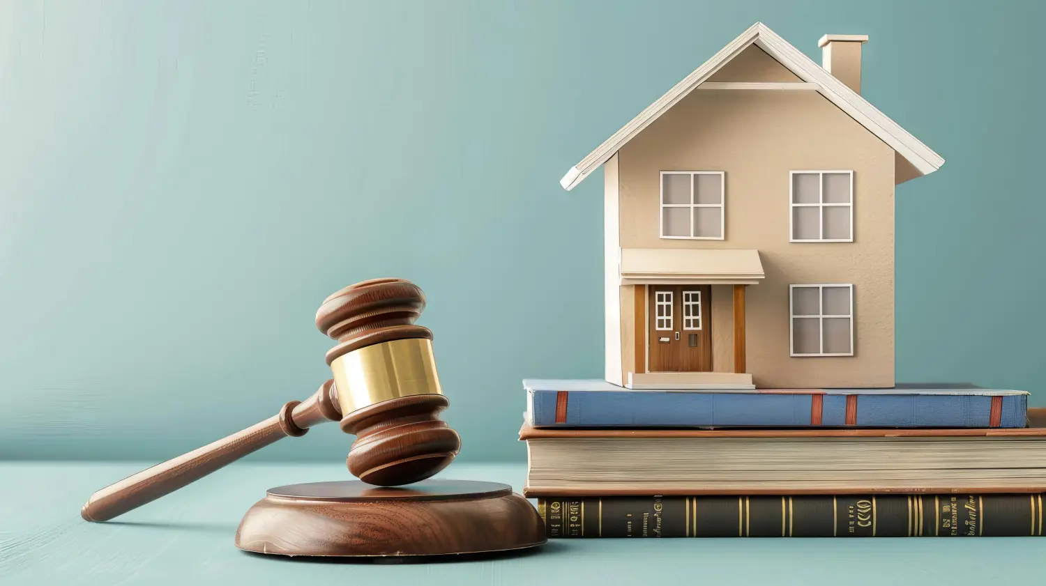 Hammerhausmodell und Gesetzesbücher, die Immobilienauktion und Rechtskonzept-Eigentumsrechtsillustration symbolisieren