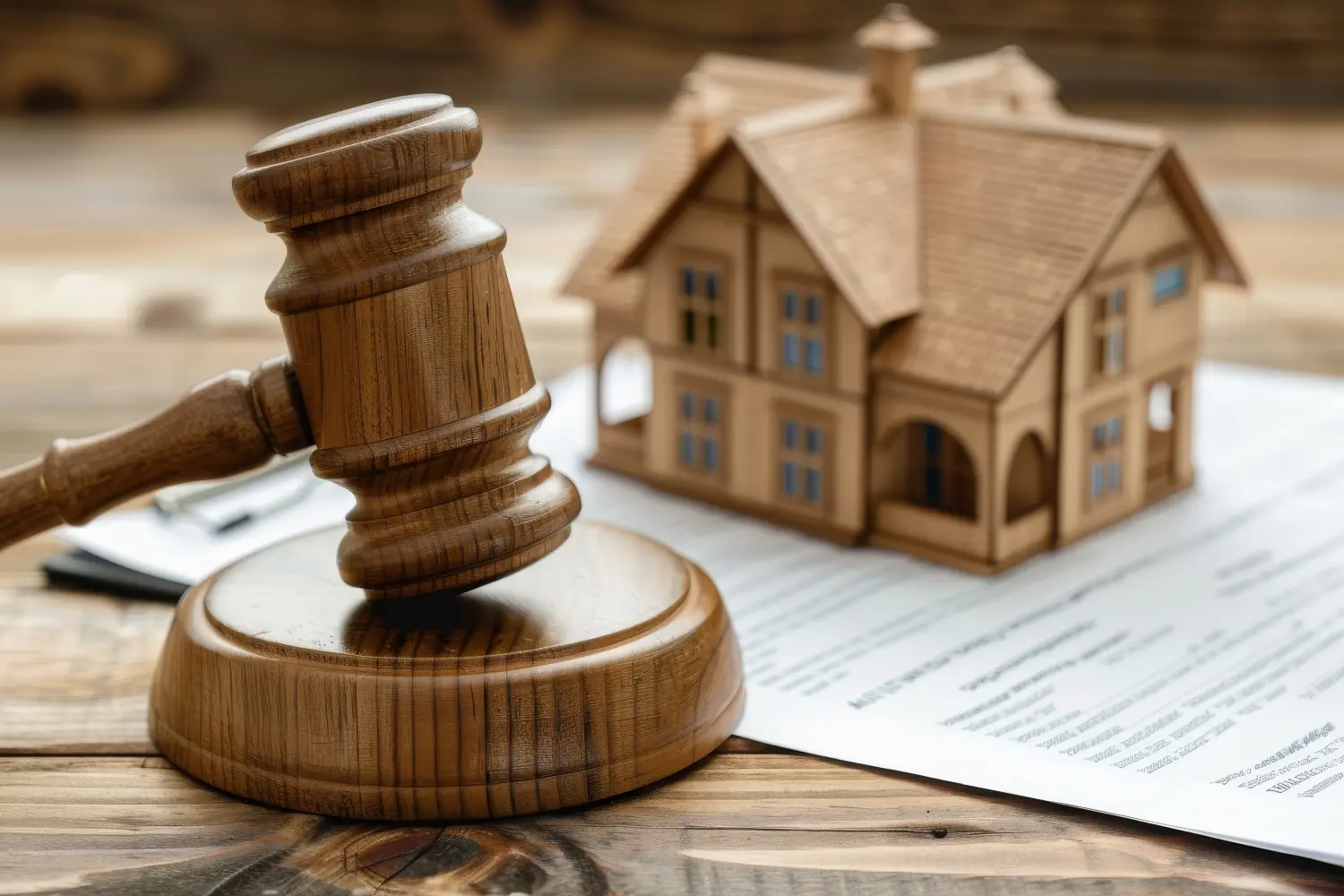 Hammer und Hausmodell auf einem Holzschreibtisch. Rechtliche Aspekte von Immobilien, Grundstücksrecht und Auktionskonzept